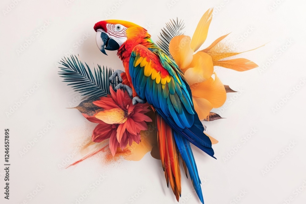 Obraz premium A modern geometric depiction of a macaw, using bold shapes and vibrant primary colors