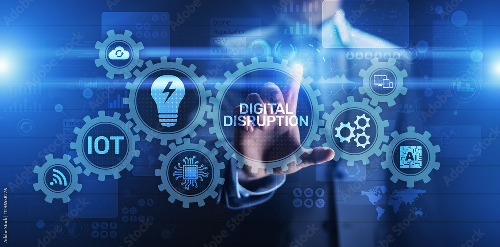 Digital Disruption. Disruptive business ideas. IOT internet of things, network, smart city and machines, big data, cloud, analytics, web-scale IT, Artificial intelligence, AI.