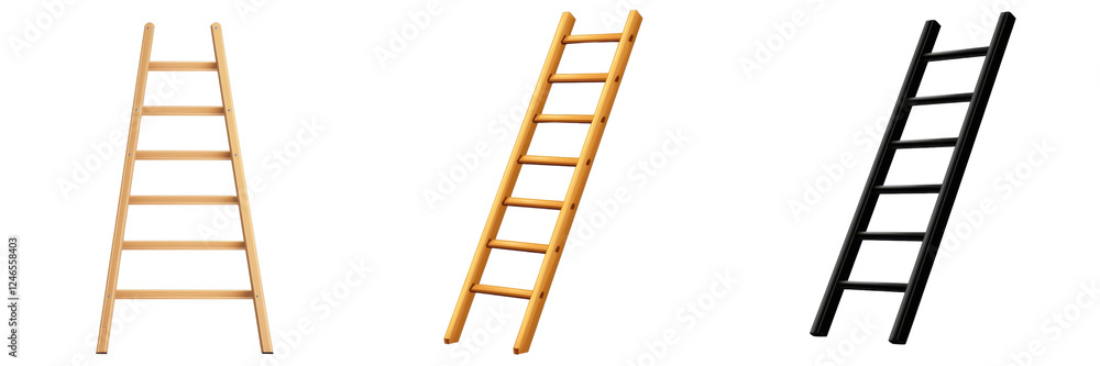 Three ladders of varying colors and materials, showcasing different styles and appearances. Three ladders of varying colors and materials, showcasing different styles and appearances.