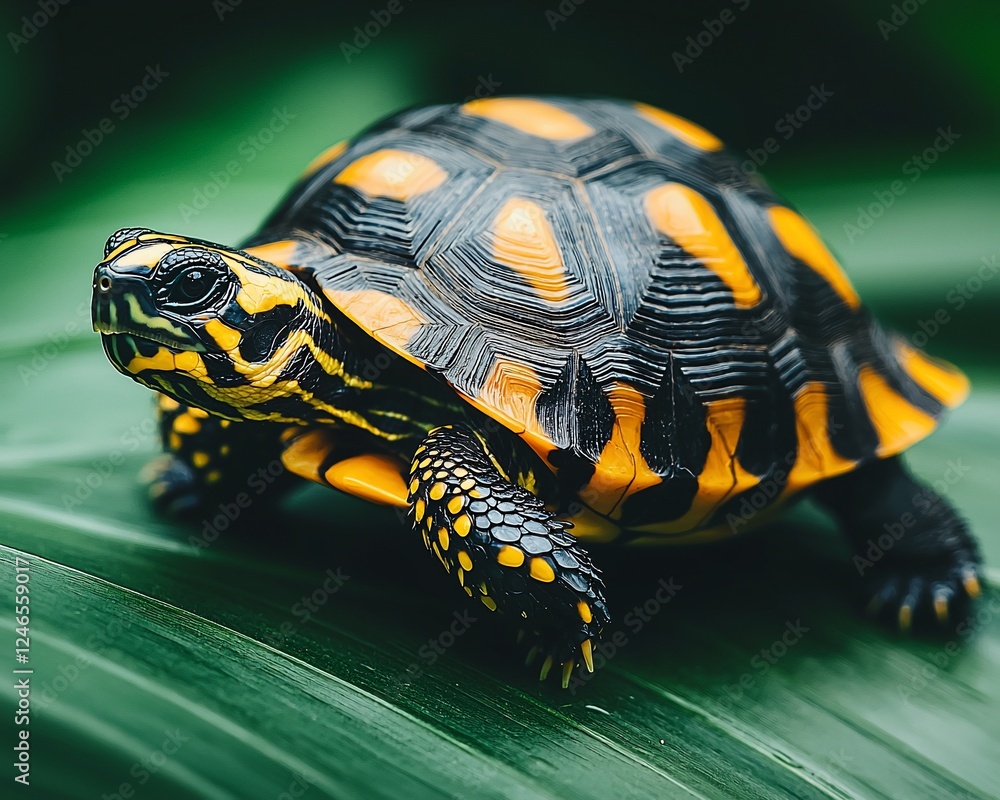 Obraz premium Yellow-spotted turtle on leaf, rainforest backdrop; nature, wildlife, pet, reptile