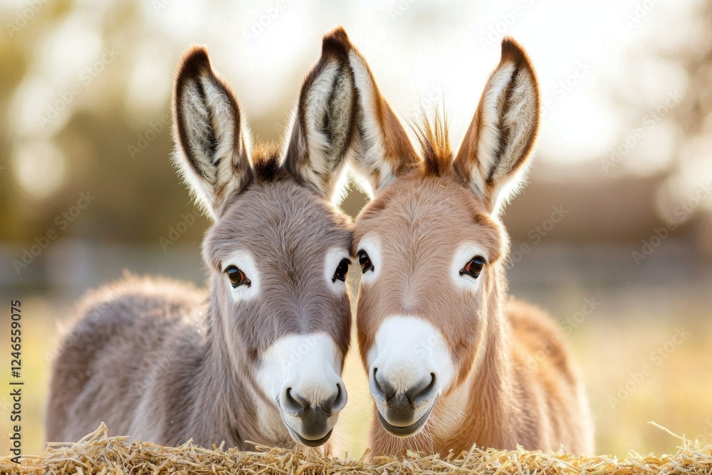 A pair of donkeys standing side by side in a sunny paddock, with their long ears perked up A pair of donkeys standing side by side in a sunny paddock, with their long ears perked up