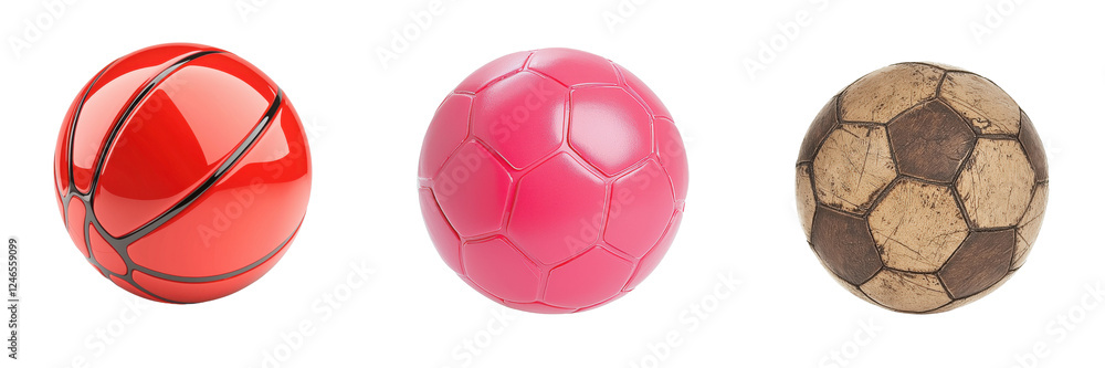 Fototapeta premium Three distinct sports balls: a red basketball, a pink soccer ball, and a weathered brown football, each showcasing unique colors and designs.