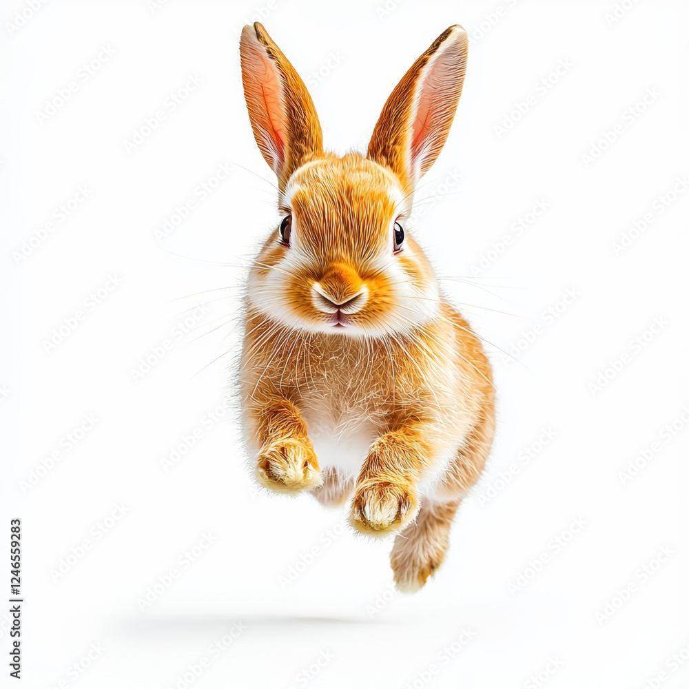 Fototapeta premium A bright, inquisitive golden rabbit leaps forward against a stark white background, showcasing its fluffy fur and attentive posture.