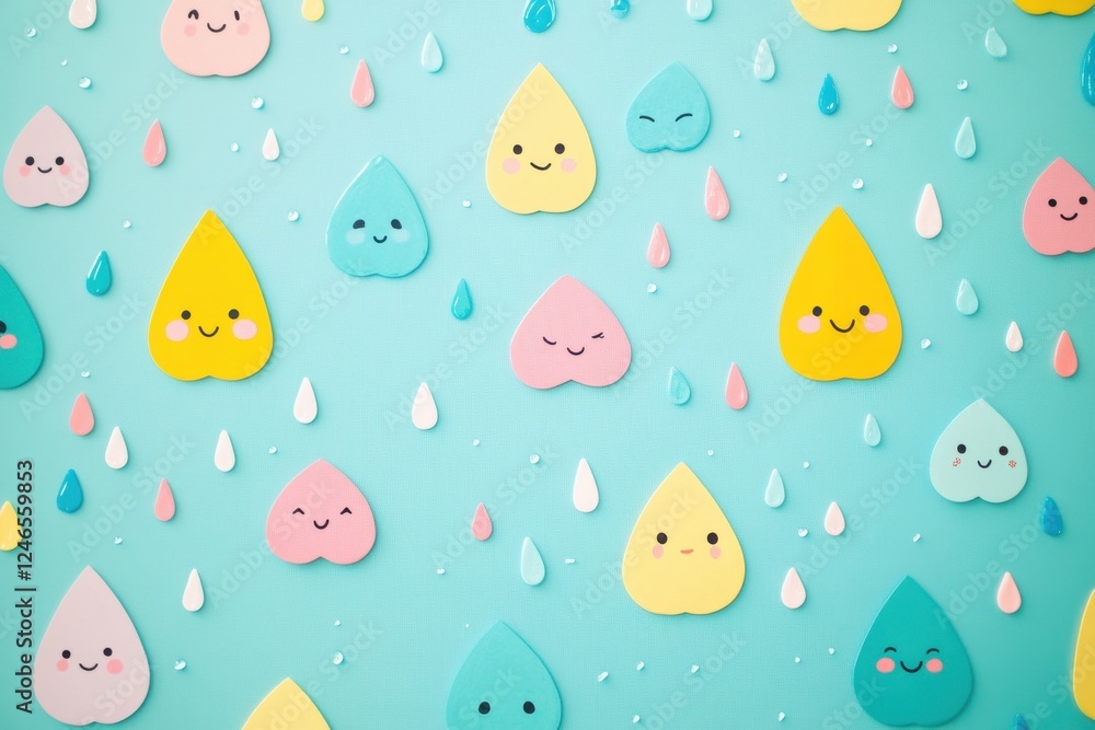 Naklejka premium Colorful raindrop characters with happy faces on a playful blue background