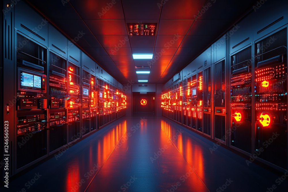 Fototapeta premium A dimly lit server room with rows of illuminated equipment, showcasing a high-tech, futuristic atmosphere with red lighting.
