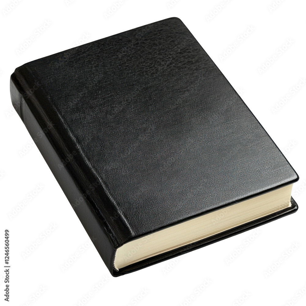Black Hard Cover Book on White Background with Page Edges Visible Black Hard Cover Book on White Background with Page Edges Visible