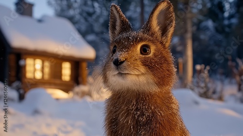 Winter Wonderland Curious Arctic Hare Near Cabin photo