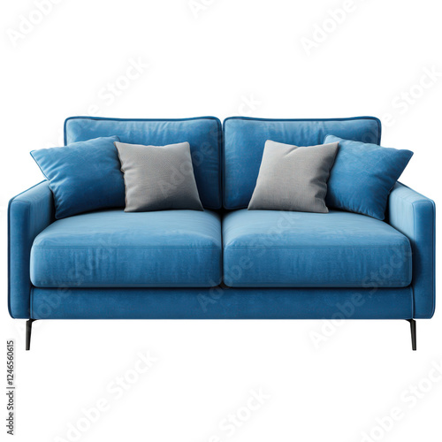 A comfortable blue leather couch, a stylish piece of home furniture, is isolated on a white background
