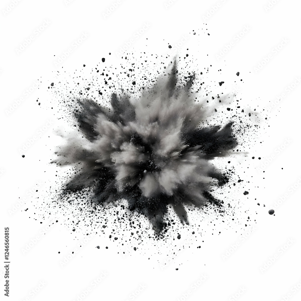 Abstract explosion of gray and black powder on white background, usable for graphics design, or illustrating an impact Abstract explosion of gray and black powder on white background, usable for graphics design, or illustrating an impact