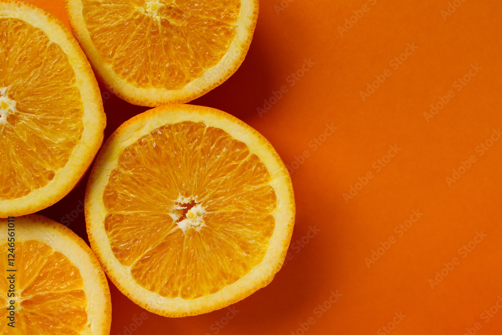 round slice of fresh orange fruit on orange background round slice of fresh orange fruit on orange background