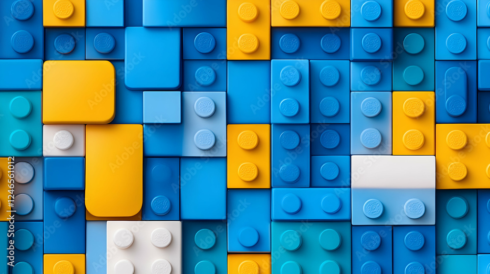 Abstract geometric pattern of colorful plastic blocks. Background A 3D render of various shades of blue, orange, and white plastic building blocks, forming a textured surface. Abstract geometric pattern of colorful plastic blocks. Background A 3D render of various shades of blue, orange, and white plastic building blocks, forming a textured surface.