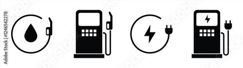 Set of Fuel and Electric Charging Station Symbols in Black Icon Design