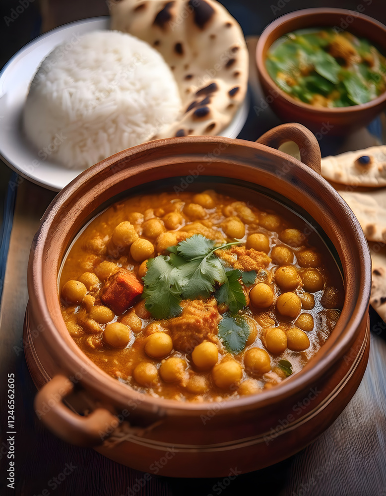 A bowl of chickpea curry with naan bread and rice, garnished with fresh cilantro A bowl of chickpea curry with naan bread and rice, garnished with fresh cilantro