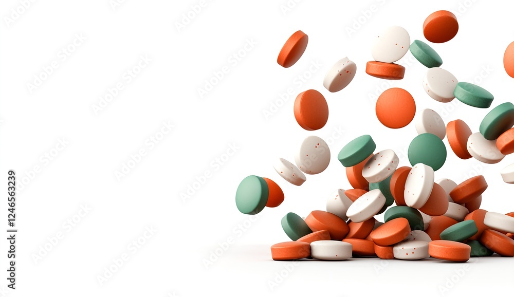 Colorful Dropping Capsules in Motion on a White Background Colorful Dropping Capsules in Motion on a White Background