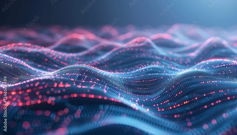 3D rendering of abstract digital background. Futuristic wave of glowing particles with depth of field and bokeh. 3D rendering of abstract digital background. Futuristic wave of glowing particles with depth of field and bokeh.