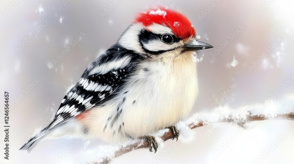 Naklejka premium Winter Woodpecker on Snowy Branch, Artistic Portrait