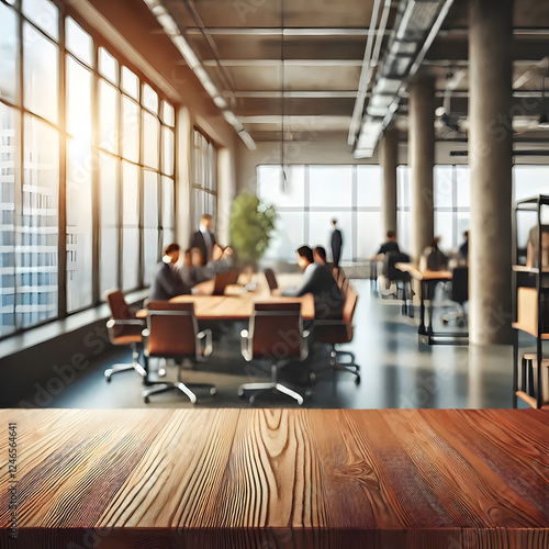A modern office space with large windows  natural light  and people working at desks and in a meeting room