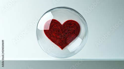 Red heart encased in transparent bubble, symbolizing love and protection