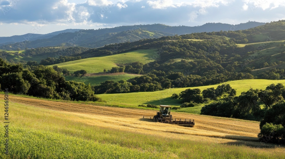 Naklejka premium A tractor working in a lush, rolling landscape under a cloudy sky.