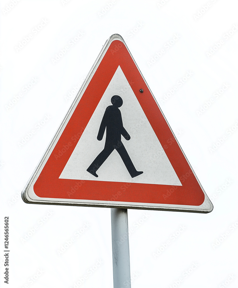 Pedestrian crossing warning sign with triangular red border and black silhouette, ensuring road safety and caution for both drivers and pedestrians. Pedestrian crossing warning sign with triangular red border and black silhouette, ensuring road safety and caution for both drivers and pedestrians.