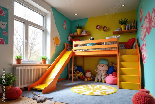 colorful children bedroom with loft bed, slide, and playful decor
