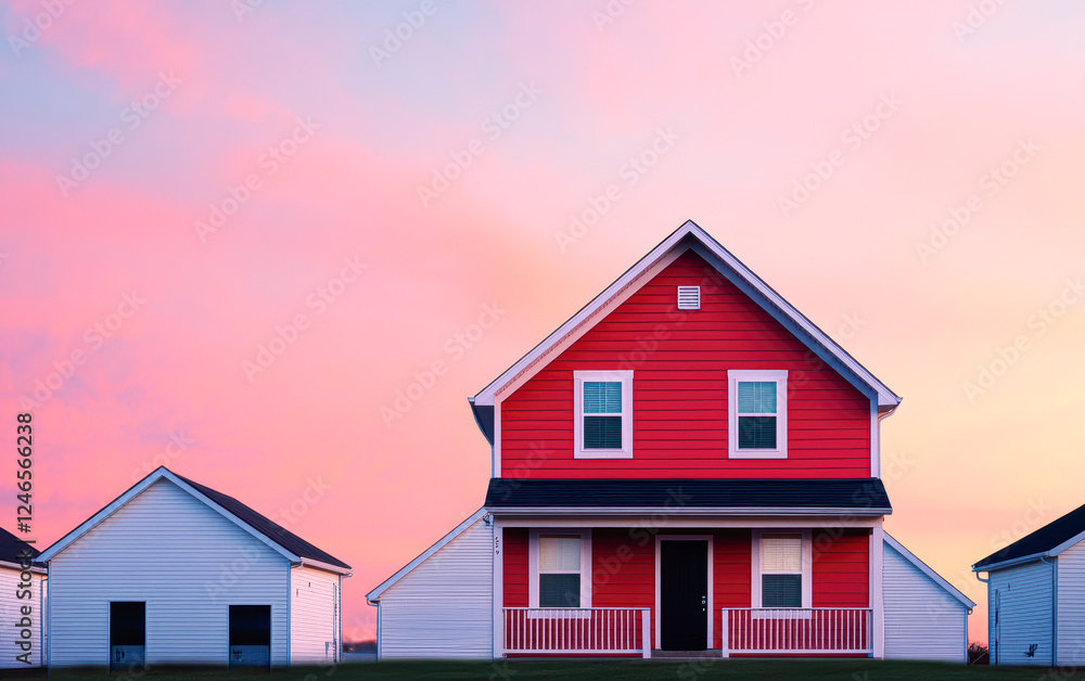 Sunset over red house rural area serene environment front view Sunset over red house rural area serene environment front view