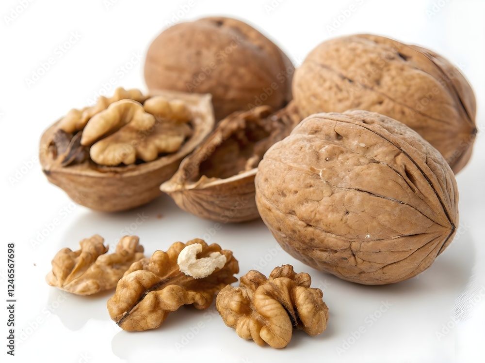 Photo of four walnuts, one whole and three split open, on a white background. The walnuts are a light brown color with a rough, textured surface. Photo of four walnuts, one whole and three split open, on a white background. The walnuts are a light brown color with a rough, textured surface.