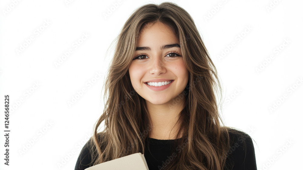 Smiling young woman with long hair holding a book Smiling young woman with long hair holding a book