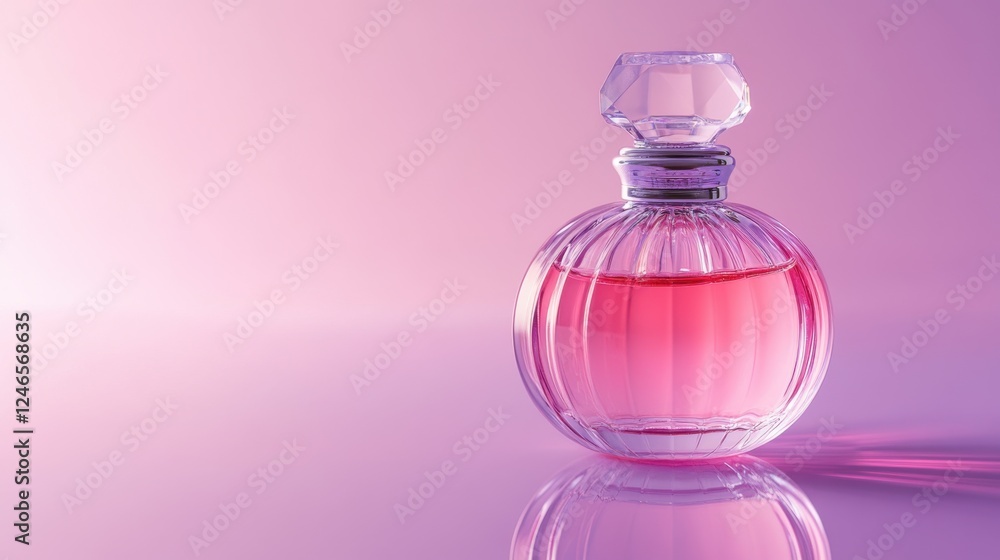 Elegant glass perfume bottle with pink liquid on reflective surface against soft purple gradient backdrop Elegant glass perfume bottle with pink liquid on reflective surface against soft purple gradient backdrop