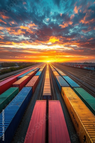 ** Vibrant Sunset Over Colorful Freight Train Containers on Railway Tracks with Dramatic Sky..** photo