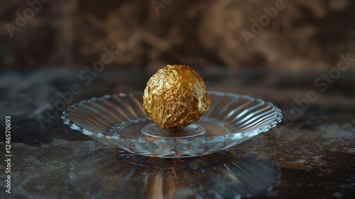 A single chocolate truffle wrapped in gold foil sitting on a delicate glass plate.