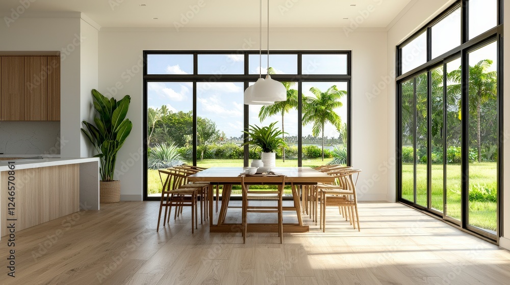 Modern Bright Dining Room with Large Windows and Tropical Landscape View Featuring Wooden Table and Chairs Modern Bright Dining Room with Large Windows and Tropical Landscape View Featuring Wooden Table and Chairs