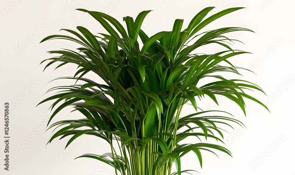 Fototapeta premium Lush green parlor palm plant in pot, indoors, white background, home decor