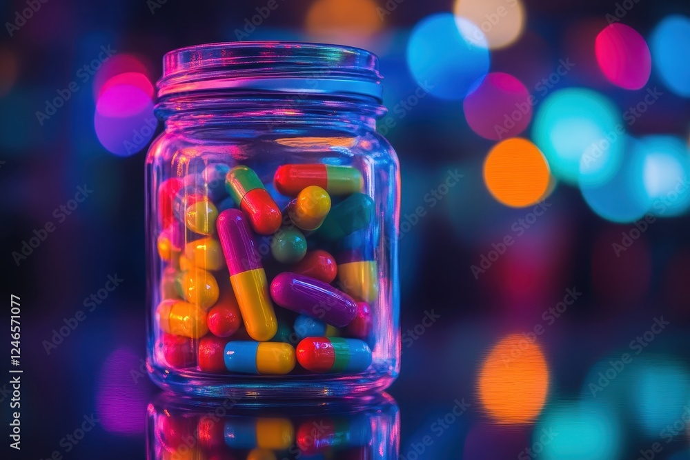 A creative composition of a glass jar with colorful capsules neatly aligned on a reflective surface, illuminated by soft, ambient light. A creative composition of a glass jar with colorful capsules neatly aligned on a reflective surface, illuminated by soft, ambient light.