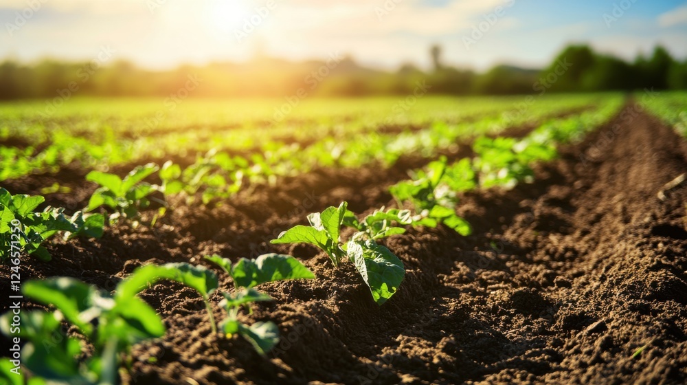 Lush Vegetable Field Bathed in Warm Sunrise Light at Early Morning Lush Vegetable Field Bathed in Warm Sunrise Light at Early Morning