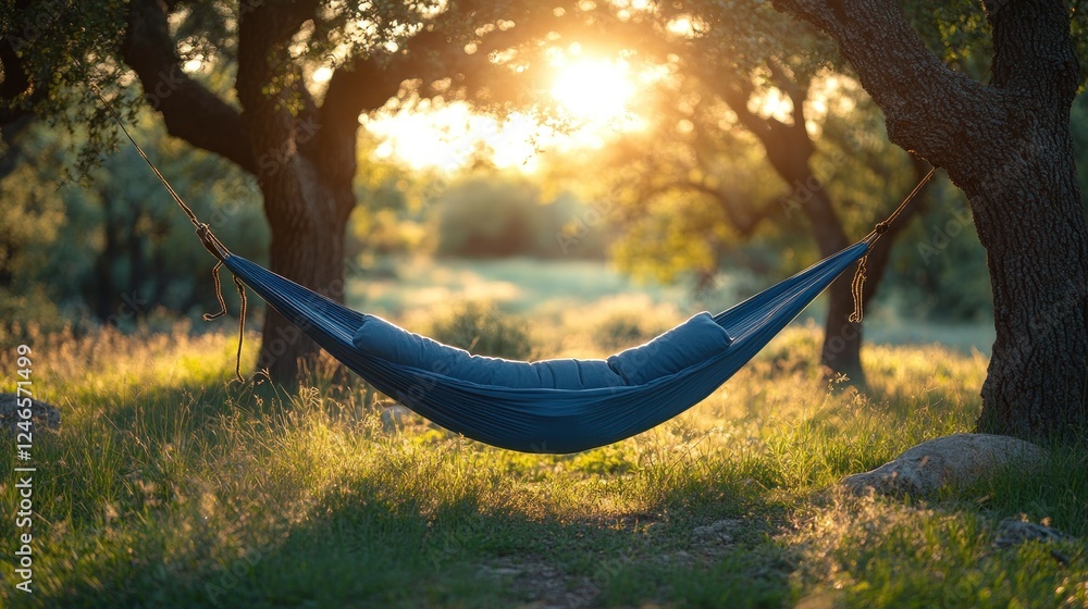 Obraz premium A tranquil hammock suspended between trees at sunset, inviting relaxation in nature.