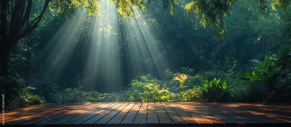 Sunlight Streaming Through Lush Green Forest Canopy Illuminating Wooden Deck in Serene Natural Setting Sunlight Streaming Through Lush Green Forest Canopy Illuminating Wooden Deck in Serene Natural Setting
