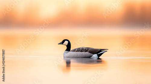 Canada goose floating on a calm lake at sunrise.  Possible use Nature photography photo