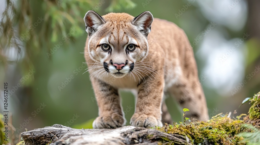 Fototapeta premium Cougar stares intently, forest background, wildlife photography