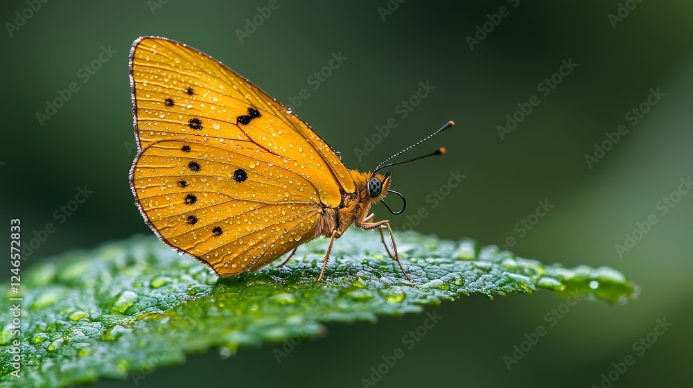 Fototapeta premium Macro Shot of Vibrant Yellow Butterfly Resting on Dewy Green Leaf in Lush Nature Environment