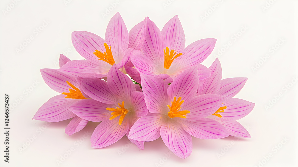 Fototapeta premium Close-up of pink crocus flowers bouquet on white background
