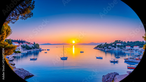 Coastal Sunrise over a Croatian Harbor; Calm Seascape
