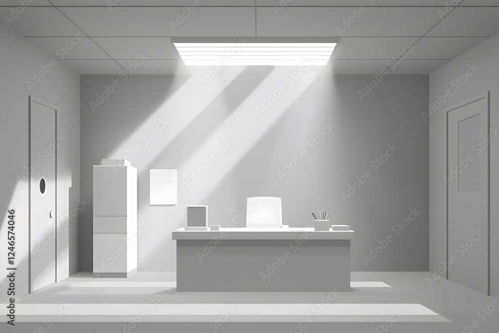 Sunlit Minimalist Office: A serene and minimalist office space bathed in natural light streaming through a skylight. The clean lines and neutral tones create a calm and productive atmosphere. Sunlit Minimalist Office: A serene and minimalist office space bathed in natural light streaming through a skylight. The clean lines and neutral tones create a calm and productive atmosphere.