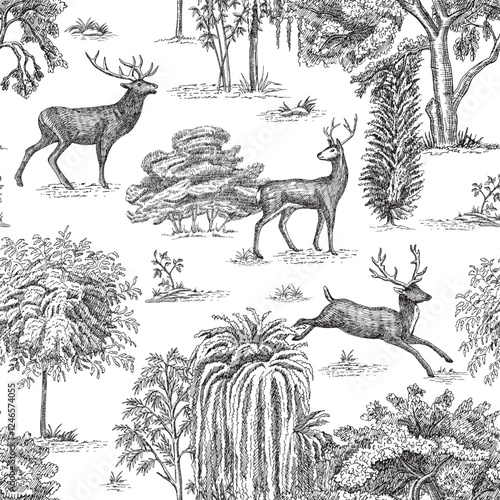 Toile forest with deer animal, willow, oak, willow tree seamless pattern. Classic landscape wallpaper.