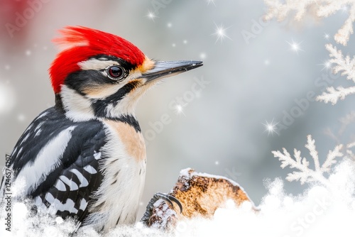 A woodpecker tapping at a tree trunk, its red head and black-and-white feathers vibrant against the bark