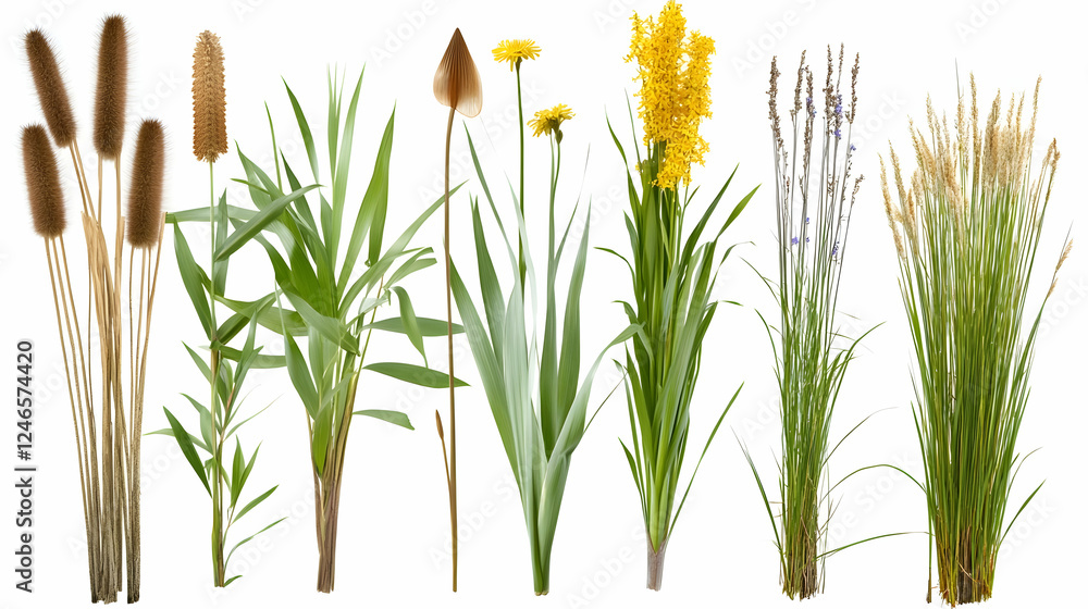 Fototapeta premium Collection of various plants, isolated on white background. Possible use botanical illustration