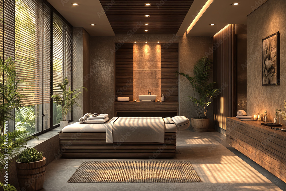 Fototapeta premium Elegant beige tones spa room with wooden elements and massage tables. A spa treatment room, vacant spa room with soft lighting.