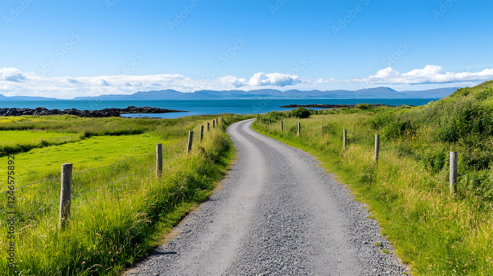 Fototapeta premium Country gravel road leading to the coast on a sunny day. Possible use Stock photo for travel brochures, nature websites, or tourism campaigns