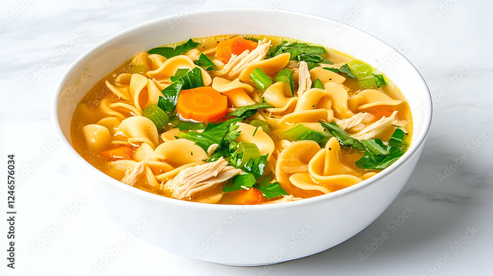 Creamy Chicken Noodle Soup in a White Bowl on Marble Creamy Chicken Noodle Soup in a White Bowl on Marble