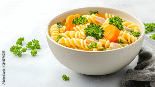 Creamy chicken noodle soup in a white bowl, on a light gray surface.  Possible use for recipe blogs or food photography photo